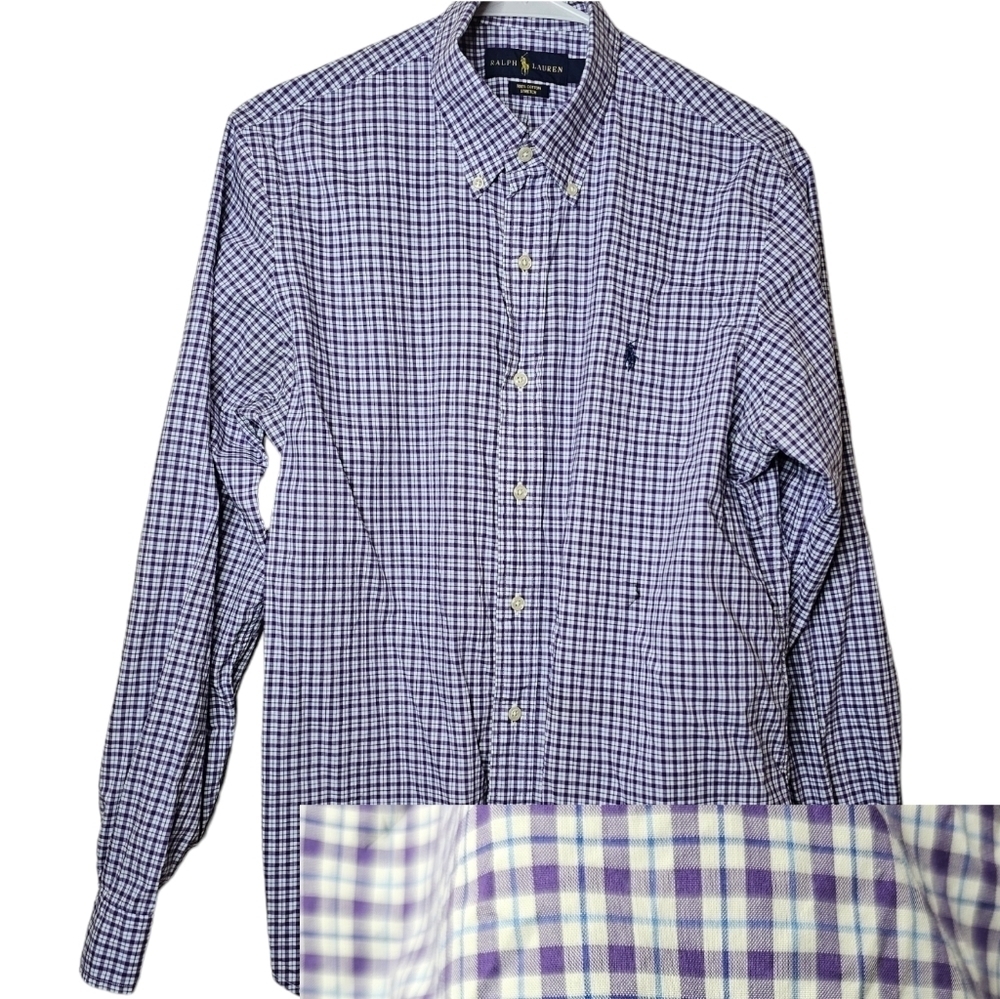Ralph Lauren Purple & Blue Plaid Button Down 100% Stretch Cotton Size Medium